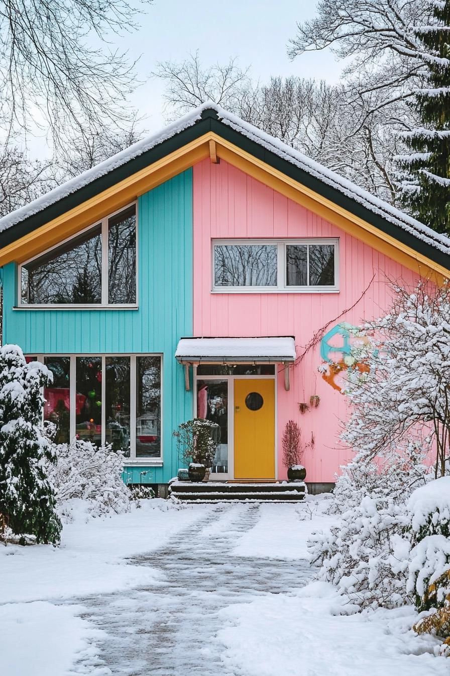 retro style modern house facade in pastel colors in winter 3