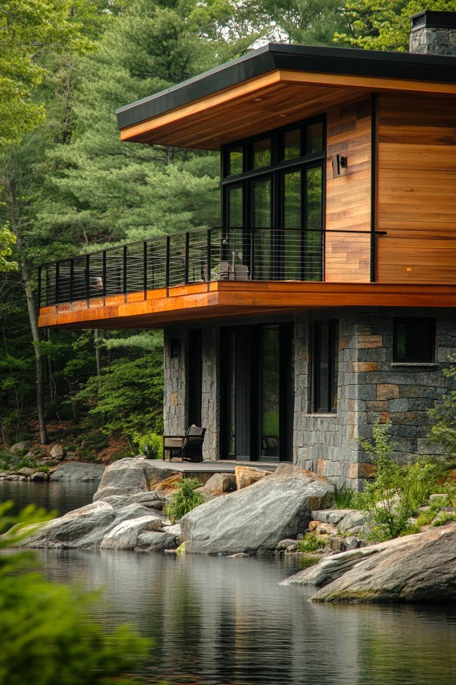 modern lakeside hill house with rustic wood siding and stone foundation overlooking a forest lake 3