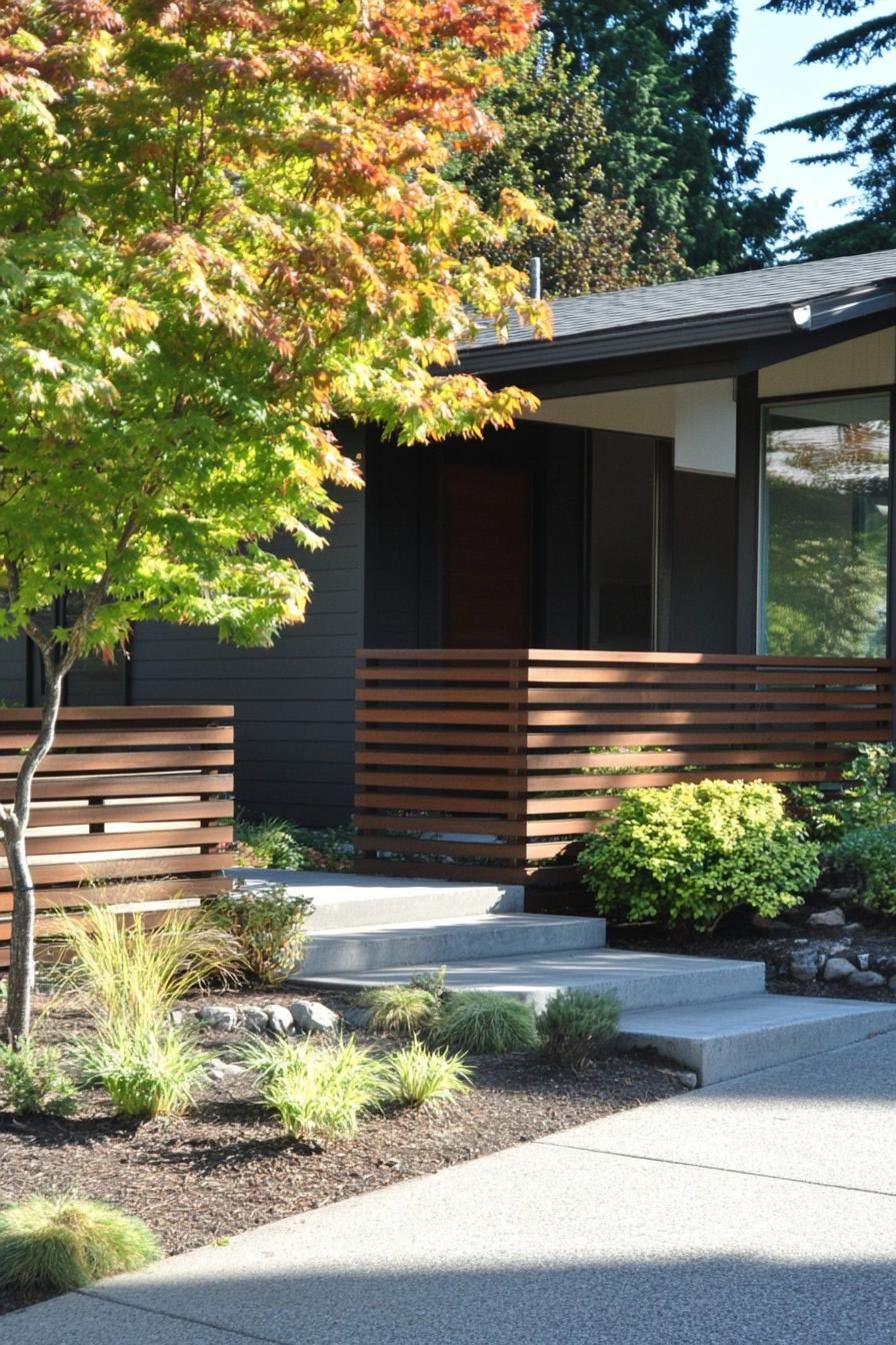 mid century modern house front yard with horizontal slat fence