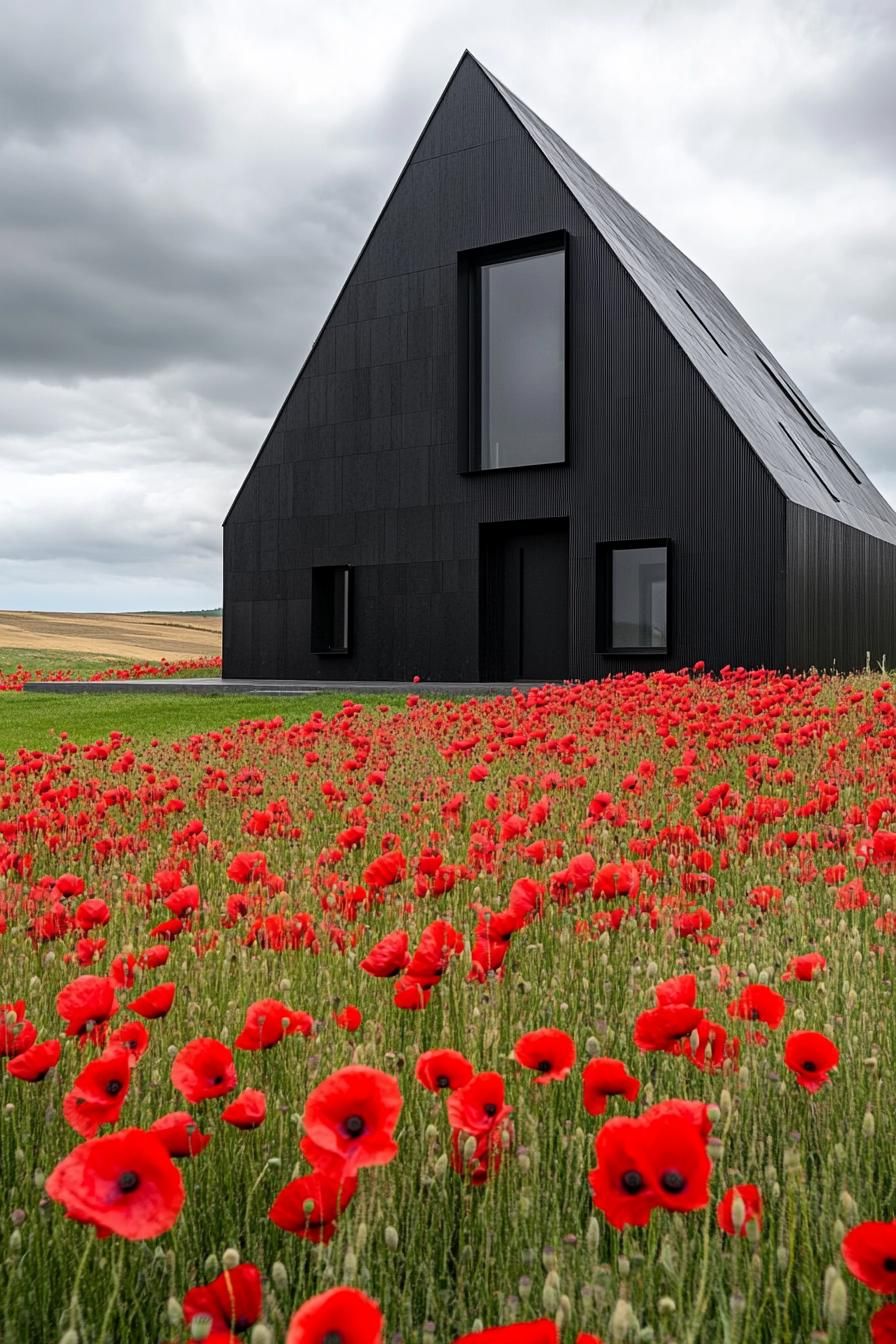 modern geometric obsidian house facade in a field of red poppies 3