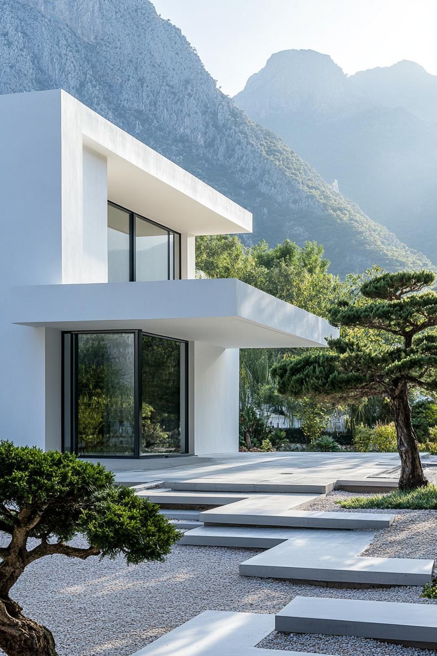 modern white concrete house facade with bamboo accents front yard with bonsai tree garden mountains in the background