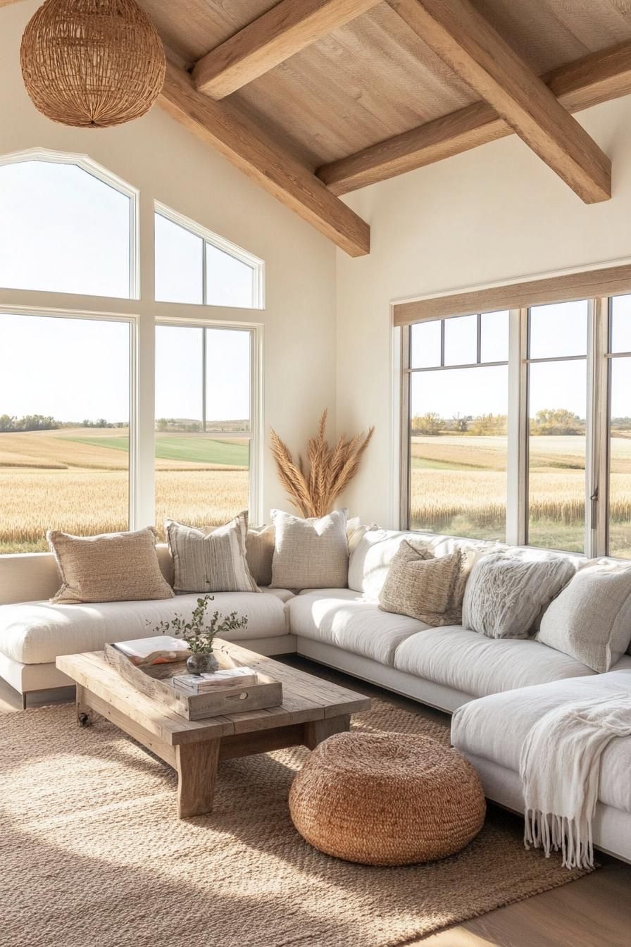 modern farmhouse L shaped living room with high ceiling and exposed wooden beams large windows overlooking stunning wheat fields 3