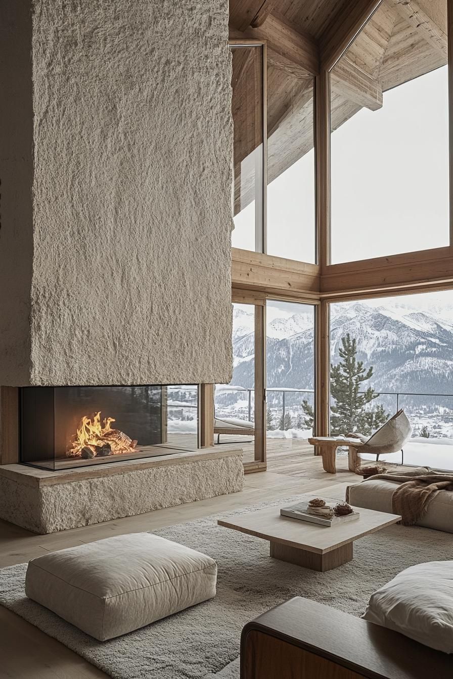 modern chalet double sided stone fireplace with large windows and stunning Alpine mountain views 3