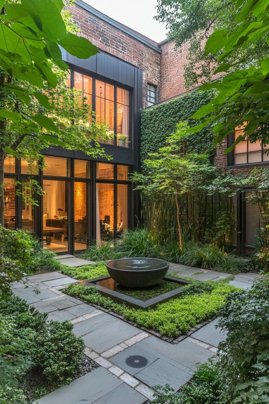 modern courtyard lush garden with statement fountain 2