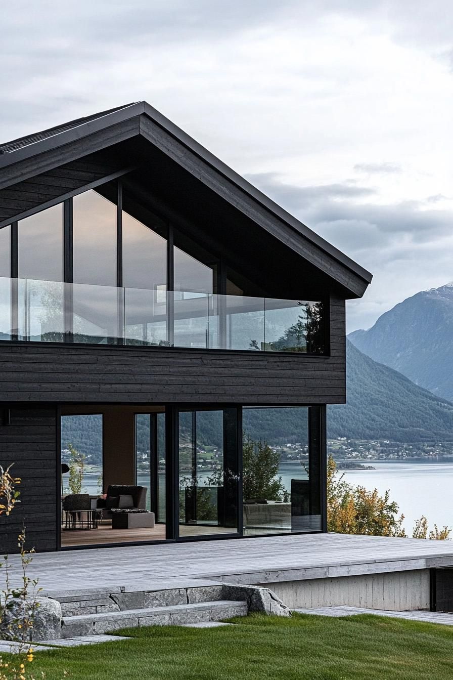 modern mountain house with charcoal stained wood facade and large glass windows stunning Norwegian fjord views 3