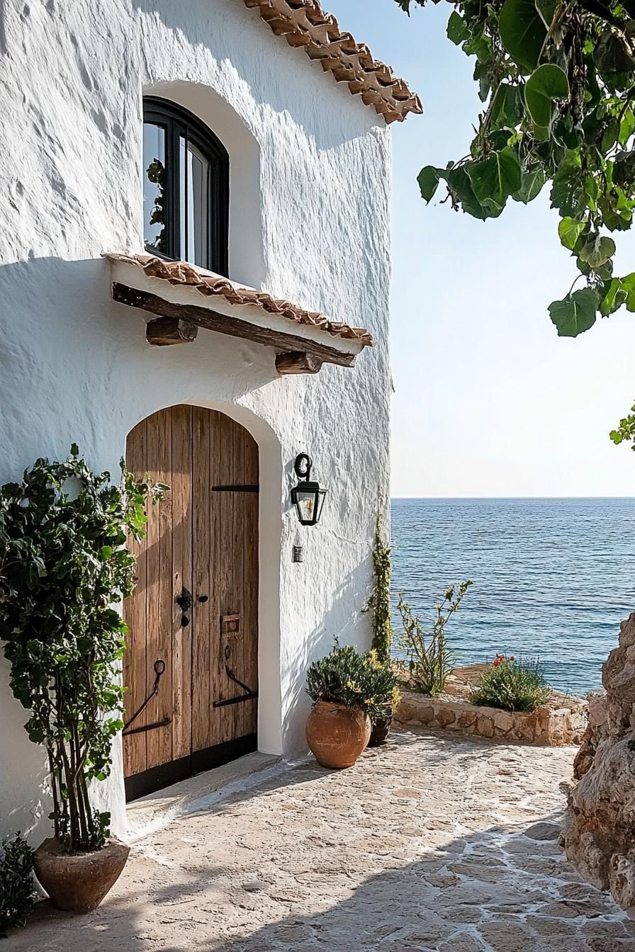 small modern mediterranean house with rustic wooden doors oceanfront town