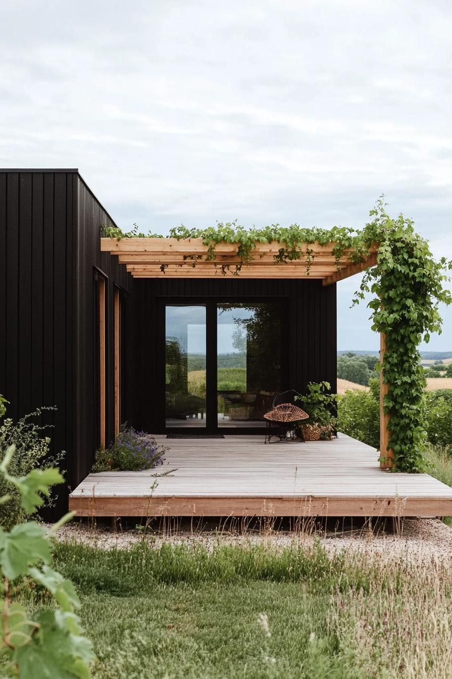 modern prefab small house facade with black siding natural wood deck with pergola with vines Scandinavian fields full house view 2