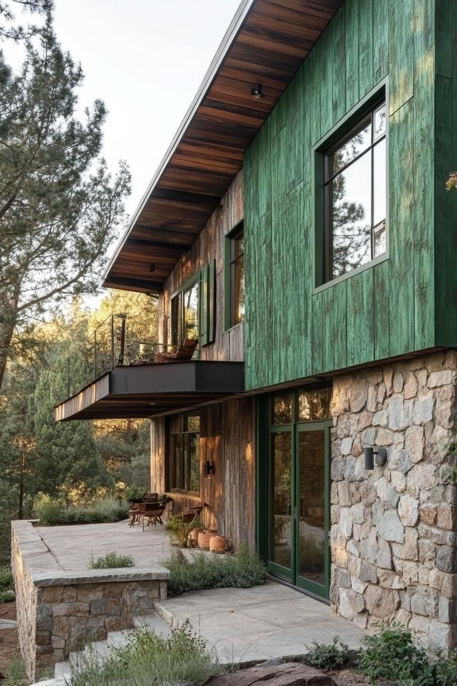 modern house with green color facade with reclaimed wood painted green and stone accents 2