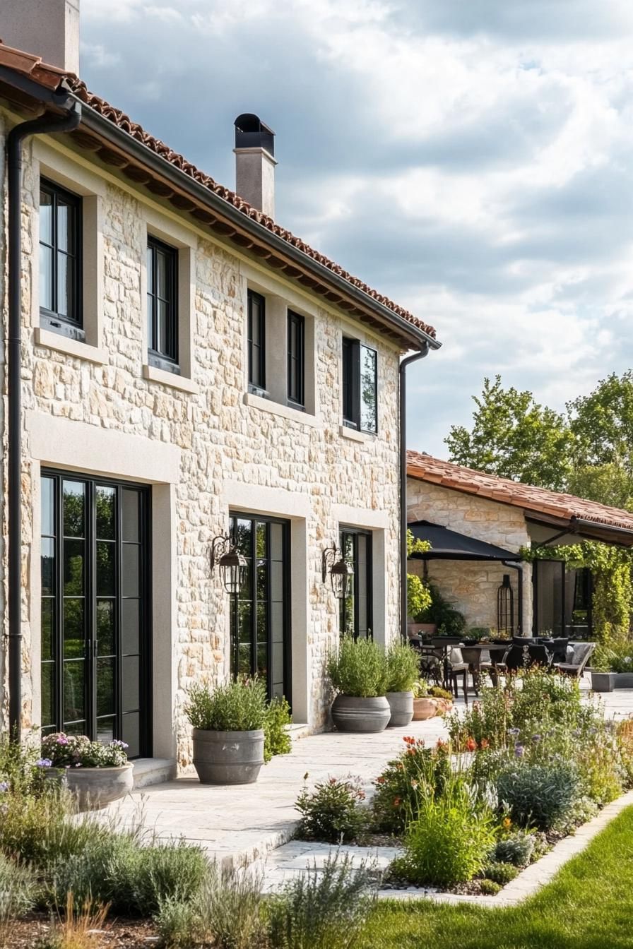 modern French country house natural stone facade with stucco yard with French gardens 2