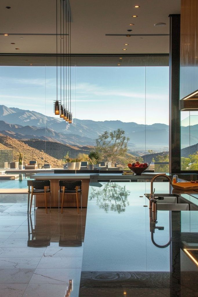 kitchen overlooking pool and mountains