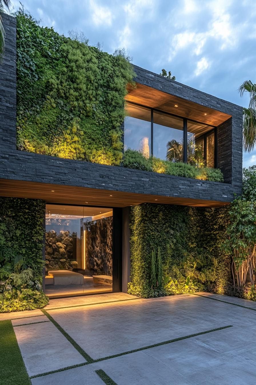 modern dark stone house facade with lush green vertical gardens 3
