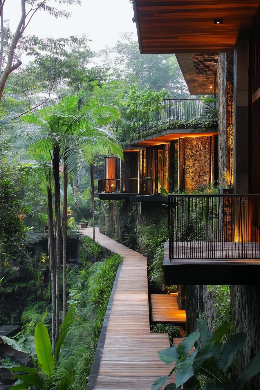 luxury reehouse villa in Bali tropical forest with elevated pathways between buildings 3