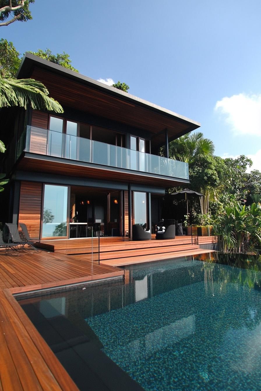 modern wood house dark stained timber facade with glass railings wooden deck leading to a small pool 3