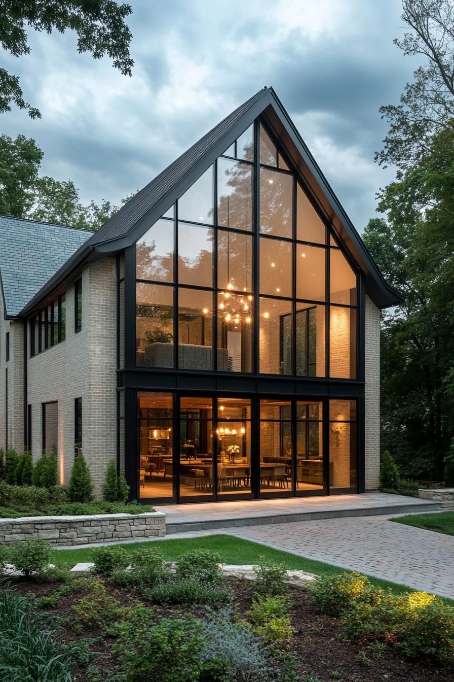 A two story modern glass house forms the central atrium supported by a black steel frame. The gabled grey metal roof and floor to ceiling windows