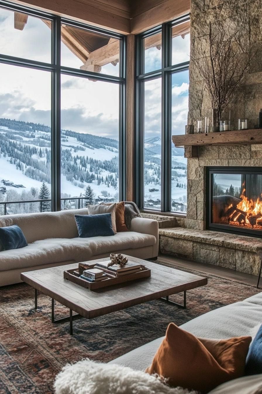 Modern Cottage style Mountain House With a Corner Stone Fireplace stunning winter mountain views 2