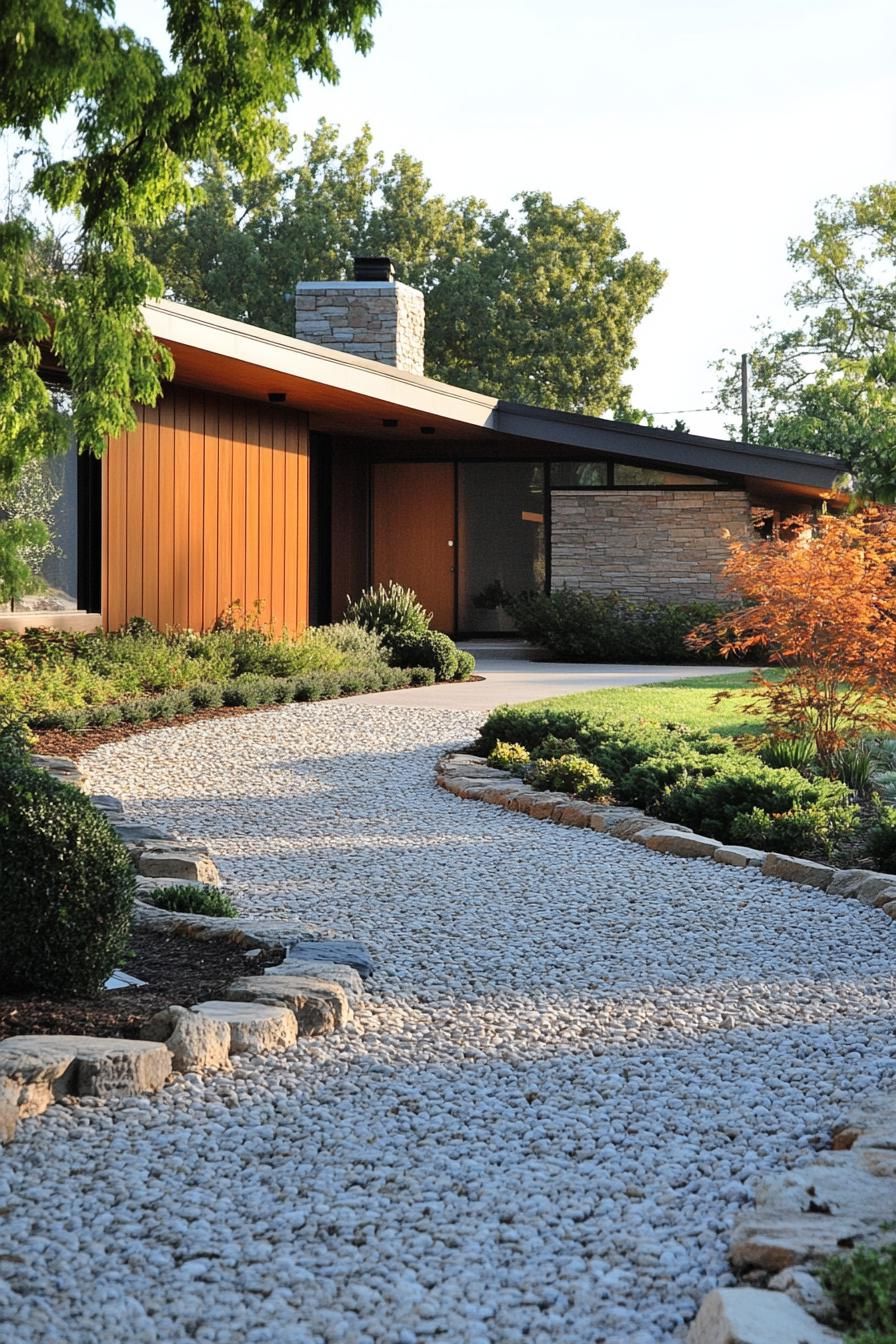 70s midcentury house facade front yard with pebble driveway lined with shrubs