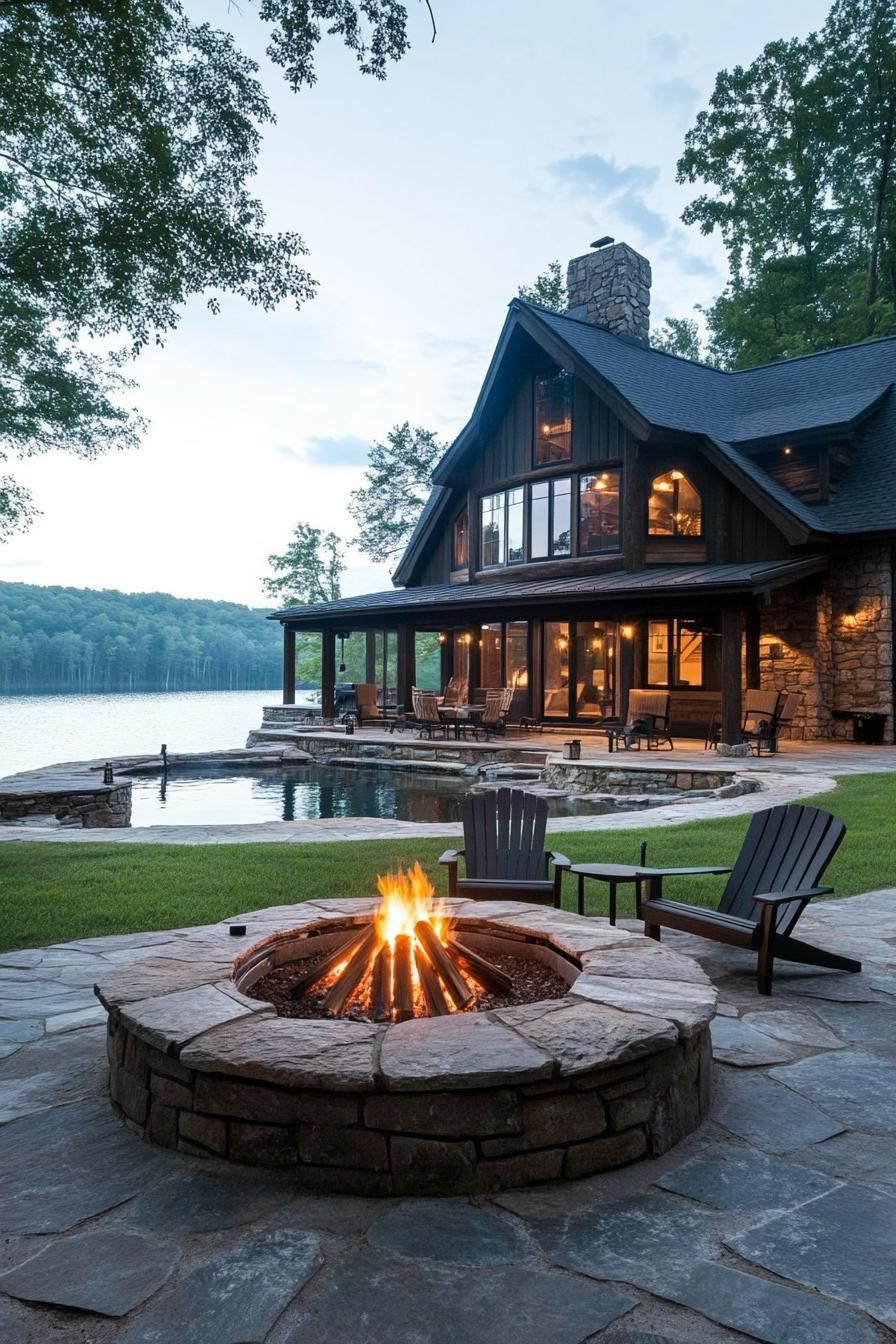 rustic prefab lodge with lakeside fire pit area 3