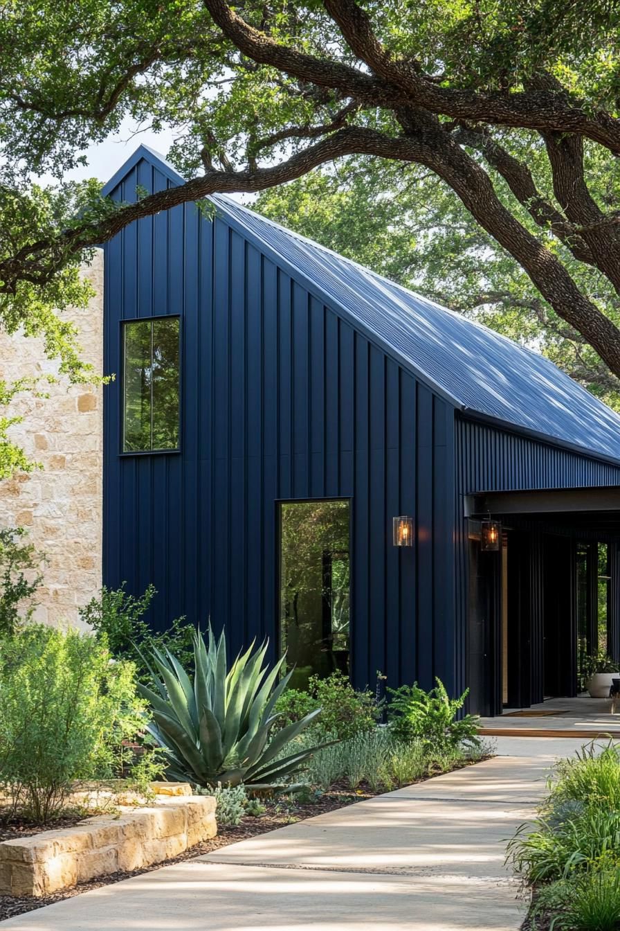 modern barndominium house deep navy blue facade with wrough iron ligh fixtures landscape with lush trees 2