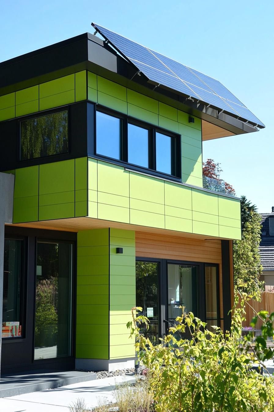 modern house with green color facade with solar panel roof