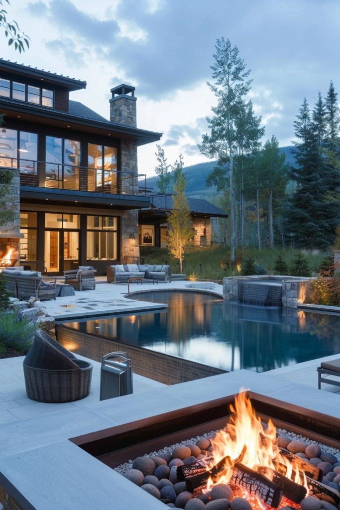 Pool With Adjacent Fire Pit Lounge