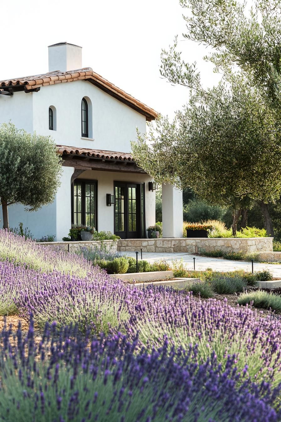 modern mediterranean revival architecture home front garden with olive trees and lavenders