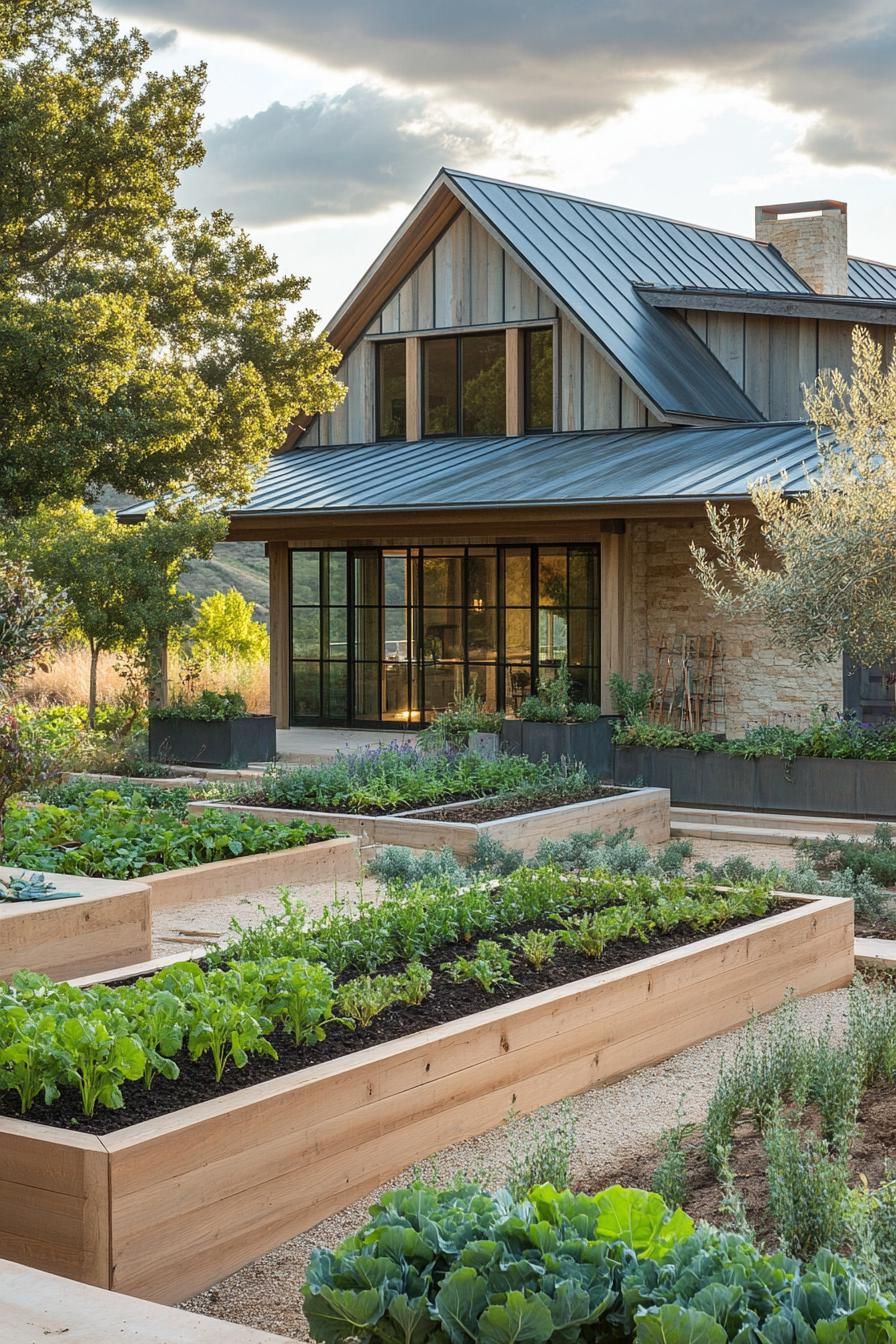 modern farmhouse with veggie gardens and irrigated landscape