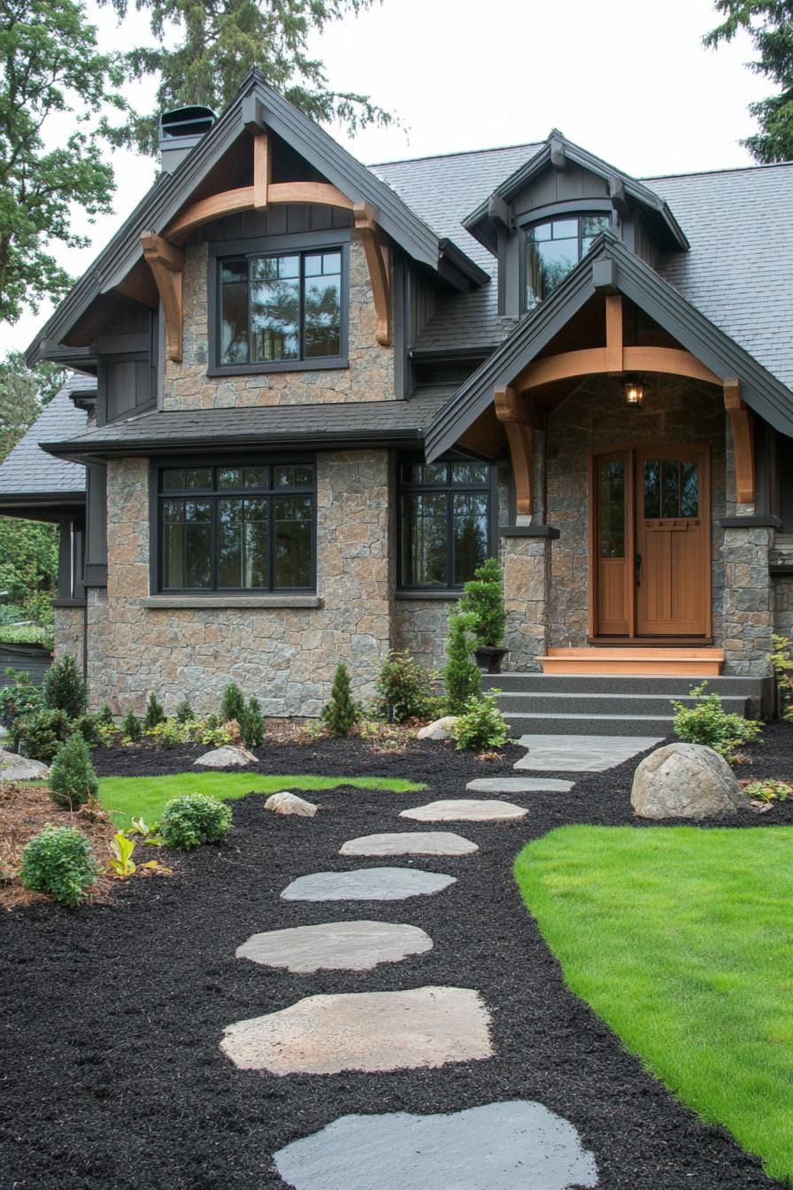 craftsman house in stone siding natural wood accents tudor style roof detailing small porch black mulch and concrete path landscape