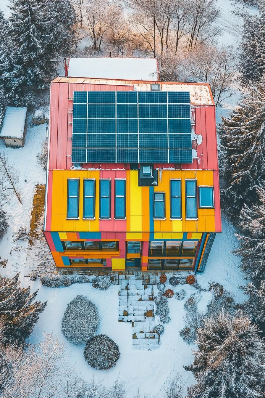 80s house facade modern makover high angle view solar panels on the roof roof painted vibrant hue winter in suburbs 2