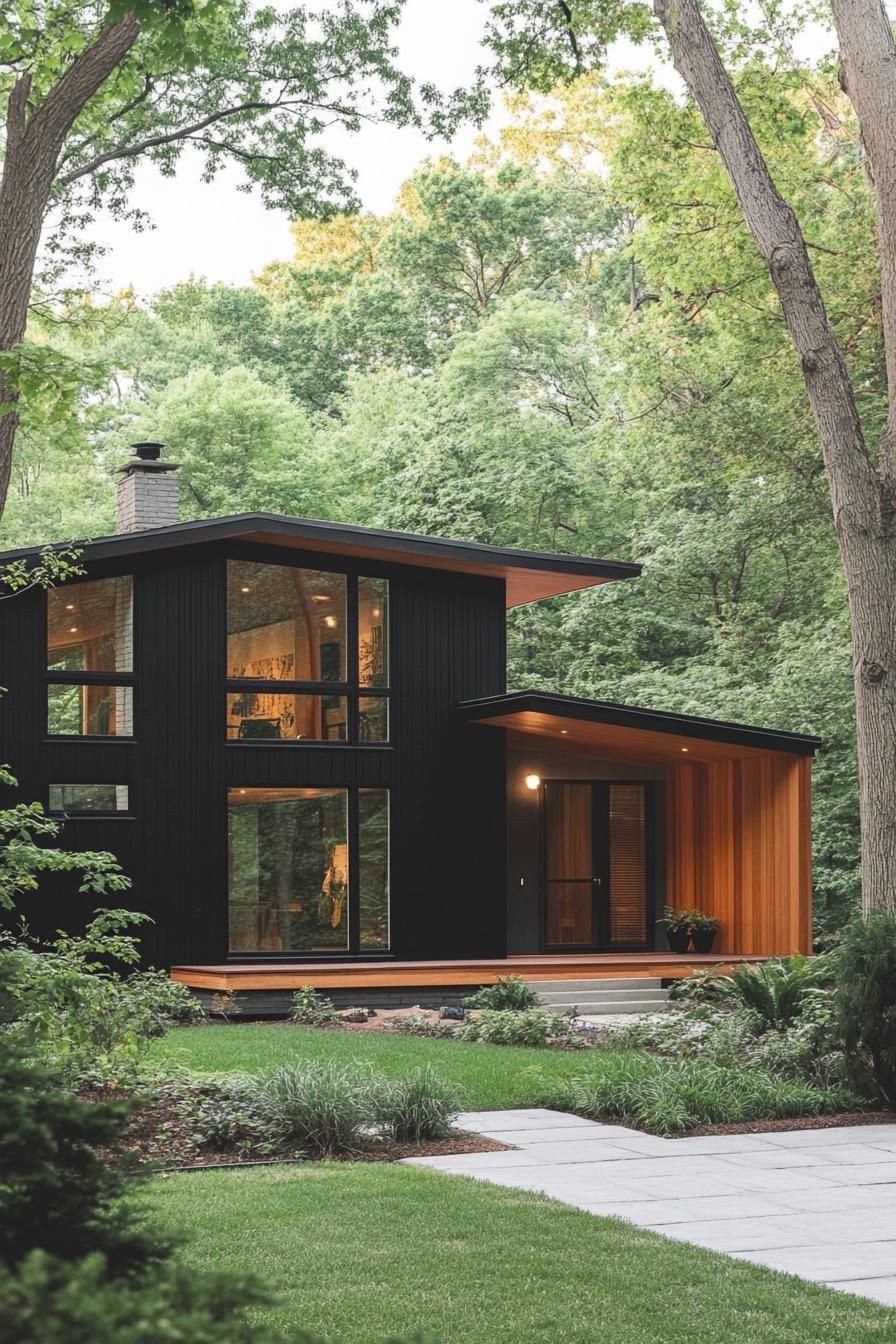 mid century modern black house two tone back and wood facade forest in far background 2