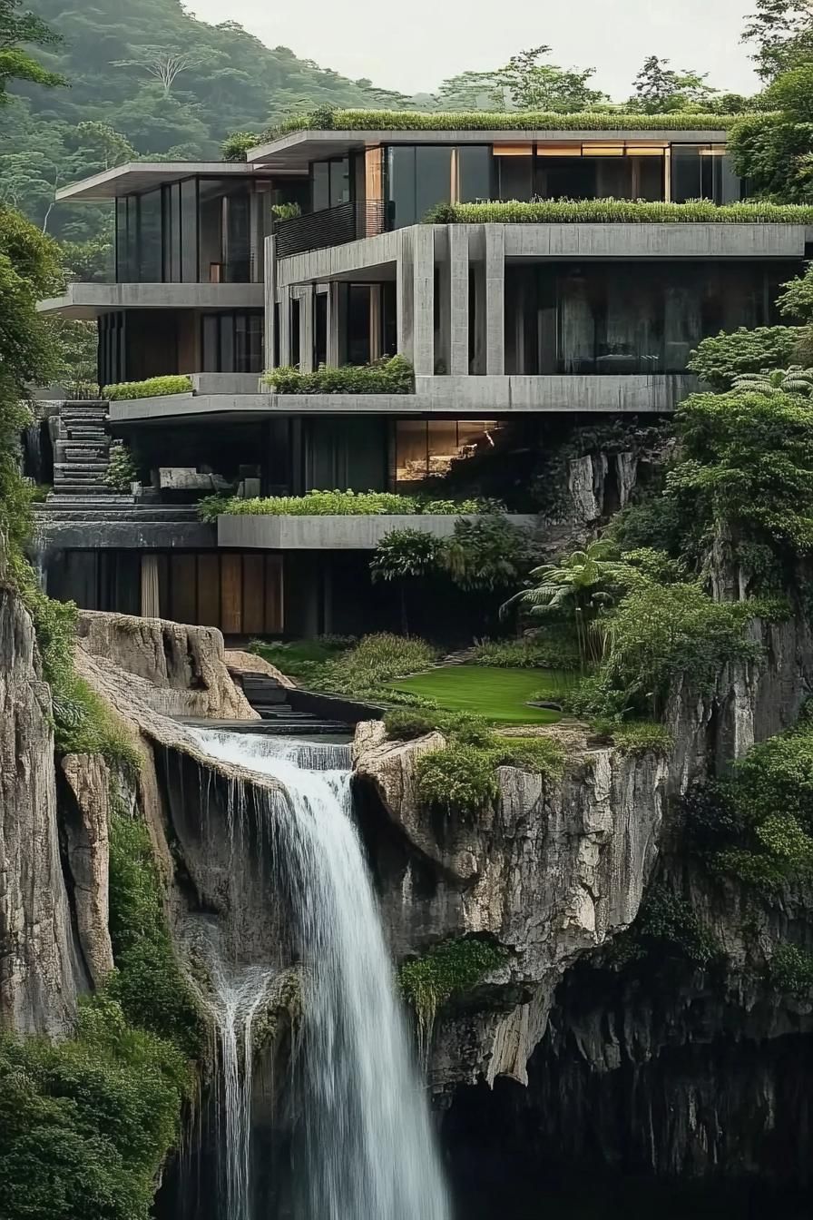 Clifftop Oasis: A Modern Marvel Overlooking a Waterfall