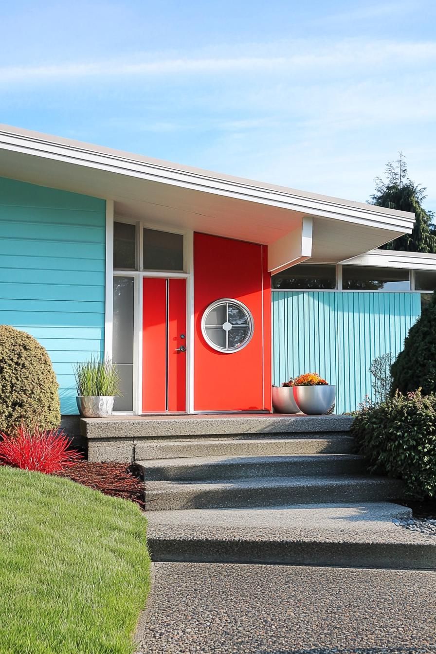 mid century modern house facade in bright red and aqua with chrome accents