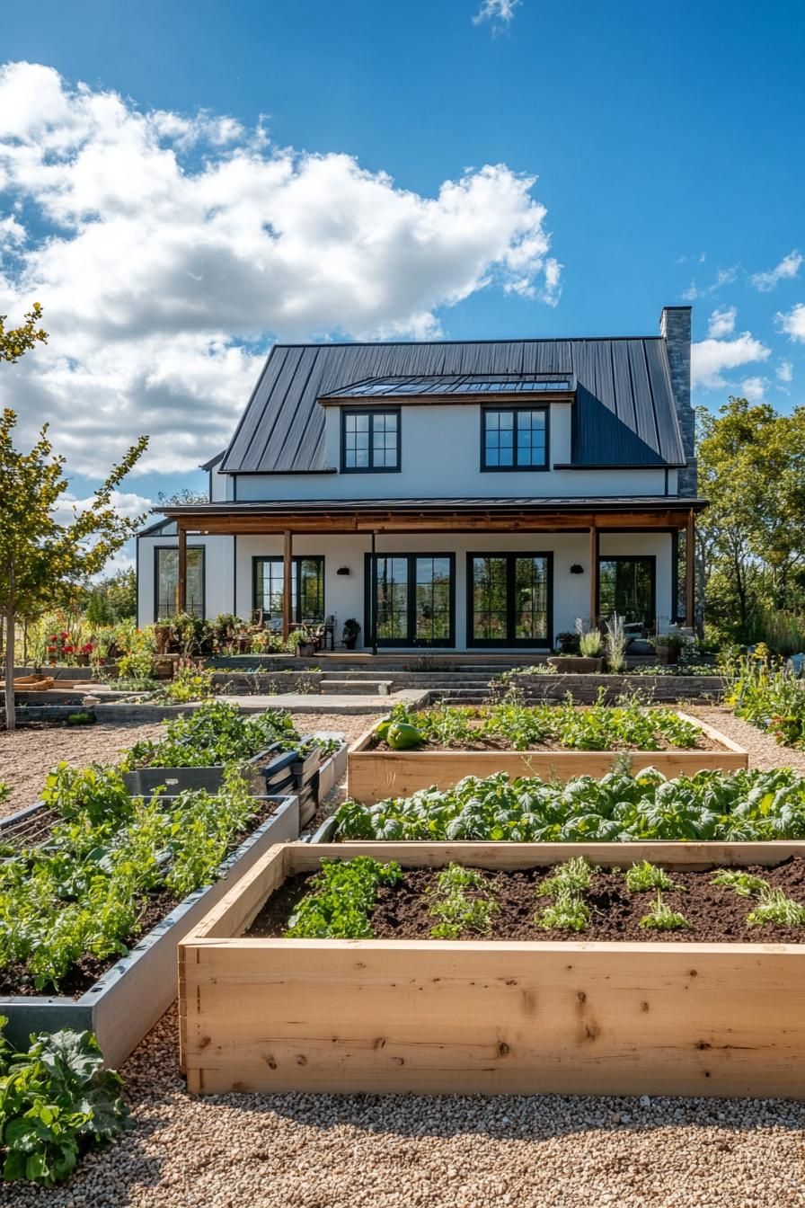 modern farmhouse with large veggie gardens and composting bins