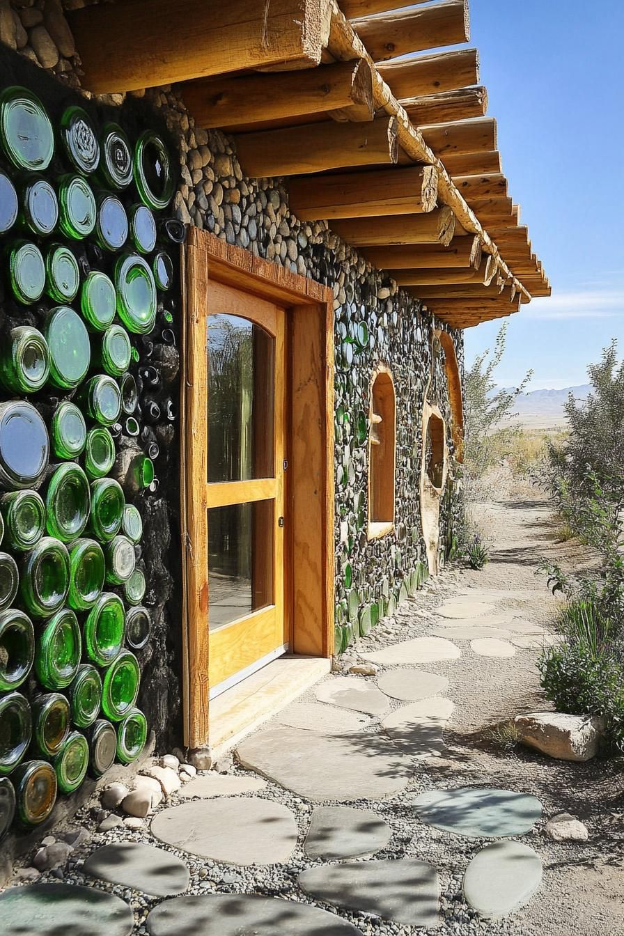 earthship house with recycled glass bottle wall