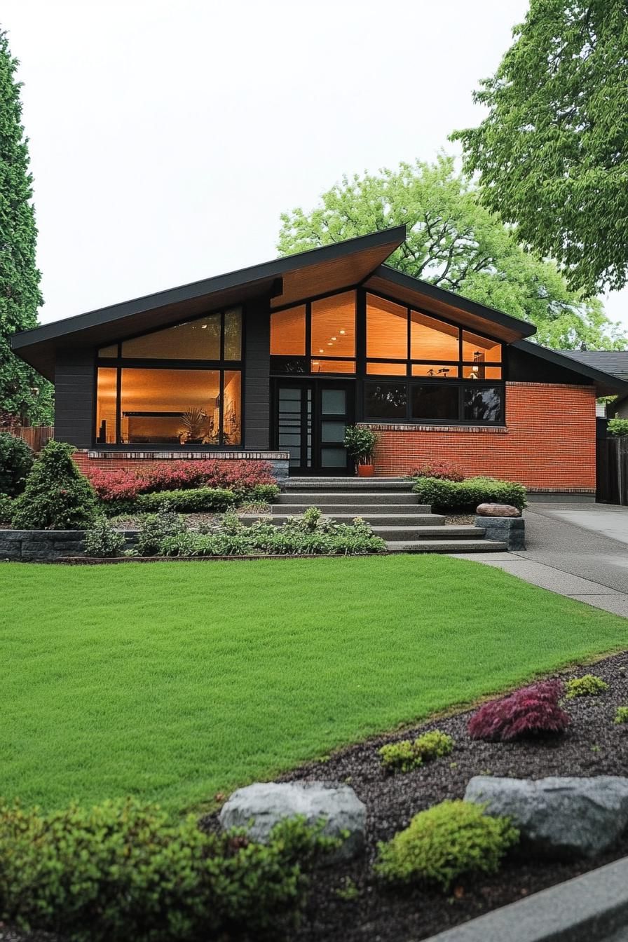 70s midcentury house facade in earth tone colors and bold accent hues large lawn front yard 2
