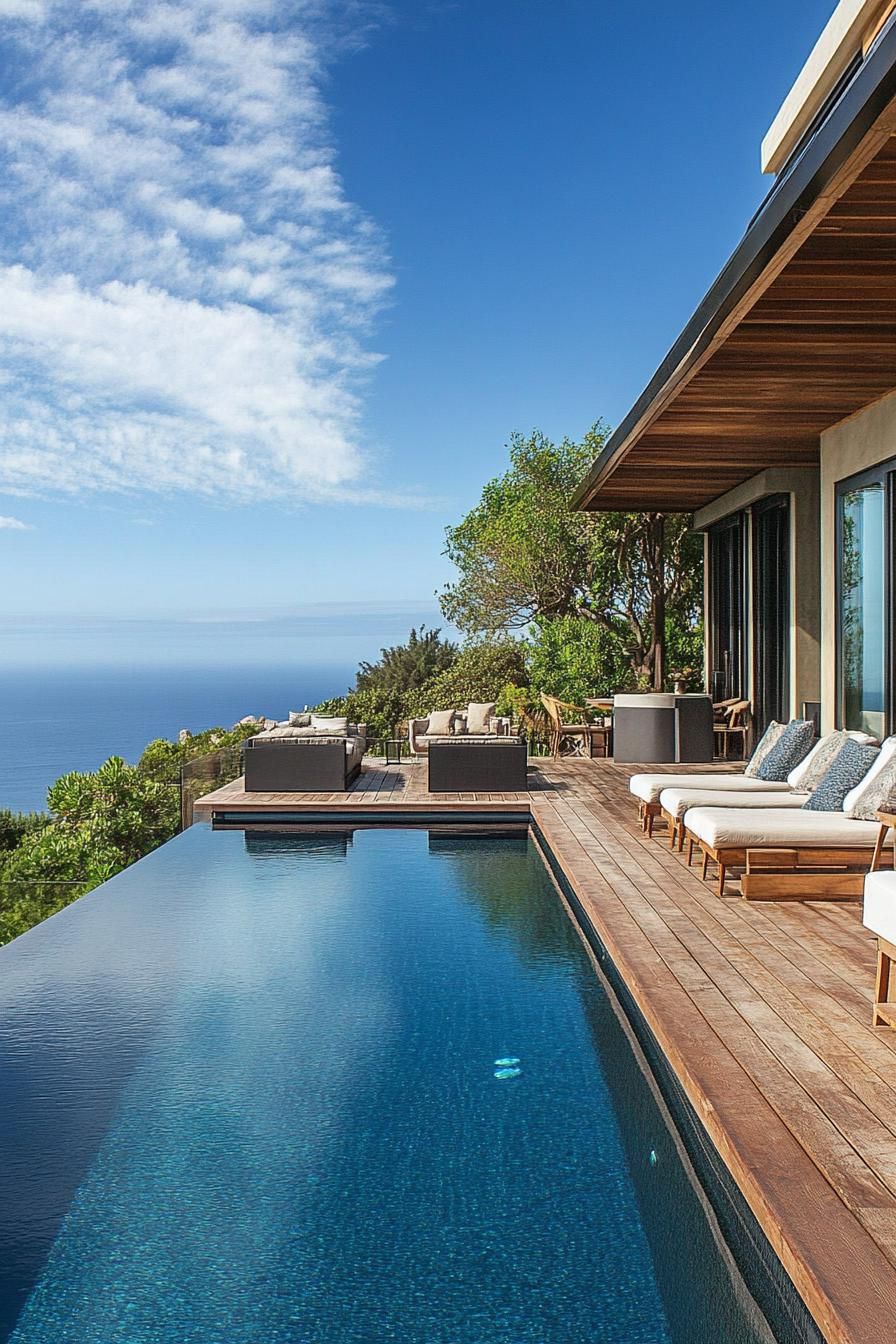 modern house backyard poolside raised wooden deck stunning ocean views 2