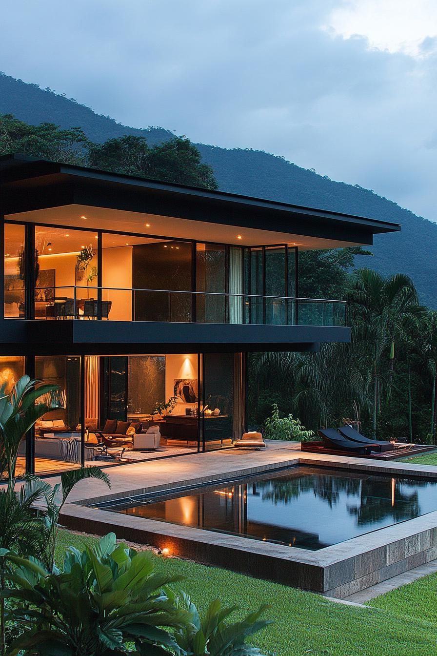 modern house on a slope with glass wall living space and tropical mountain views