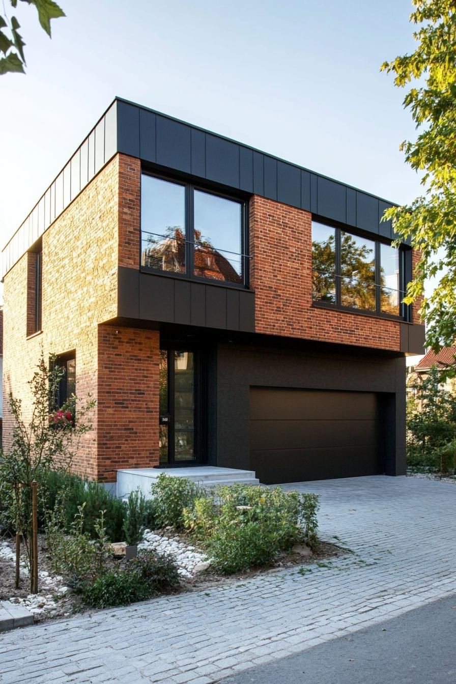 modern house with first floor garage picturesque town views