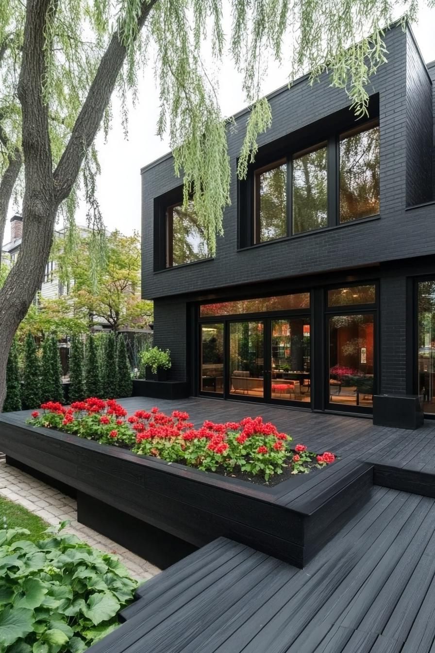 modern house with black deck with black planter boxes with red flowers front yard with willow trees 3