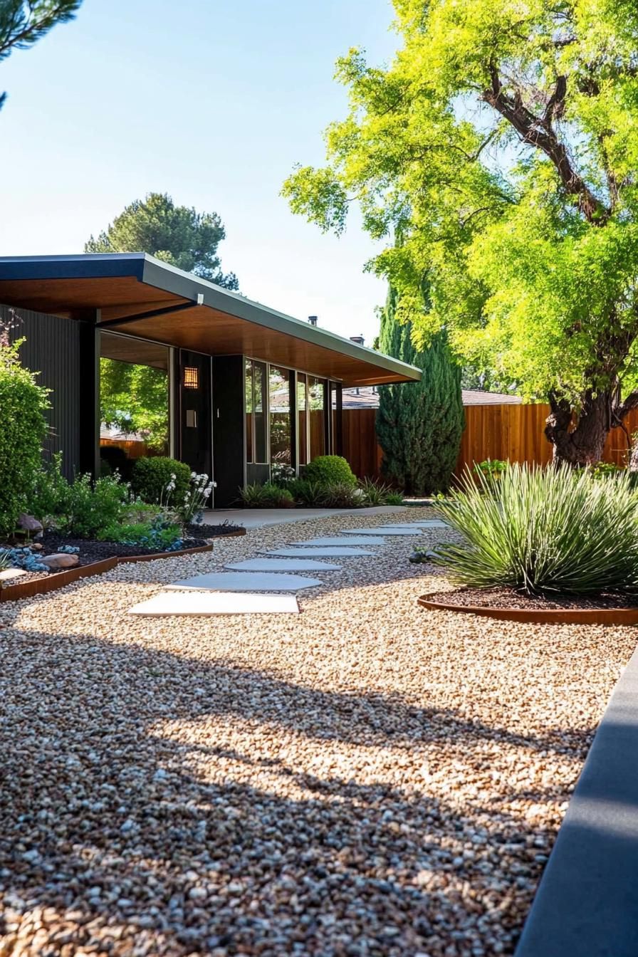 mid century modern house front yard gravel pathways with bold edging