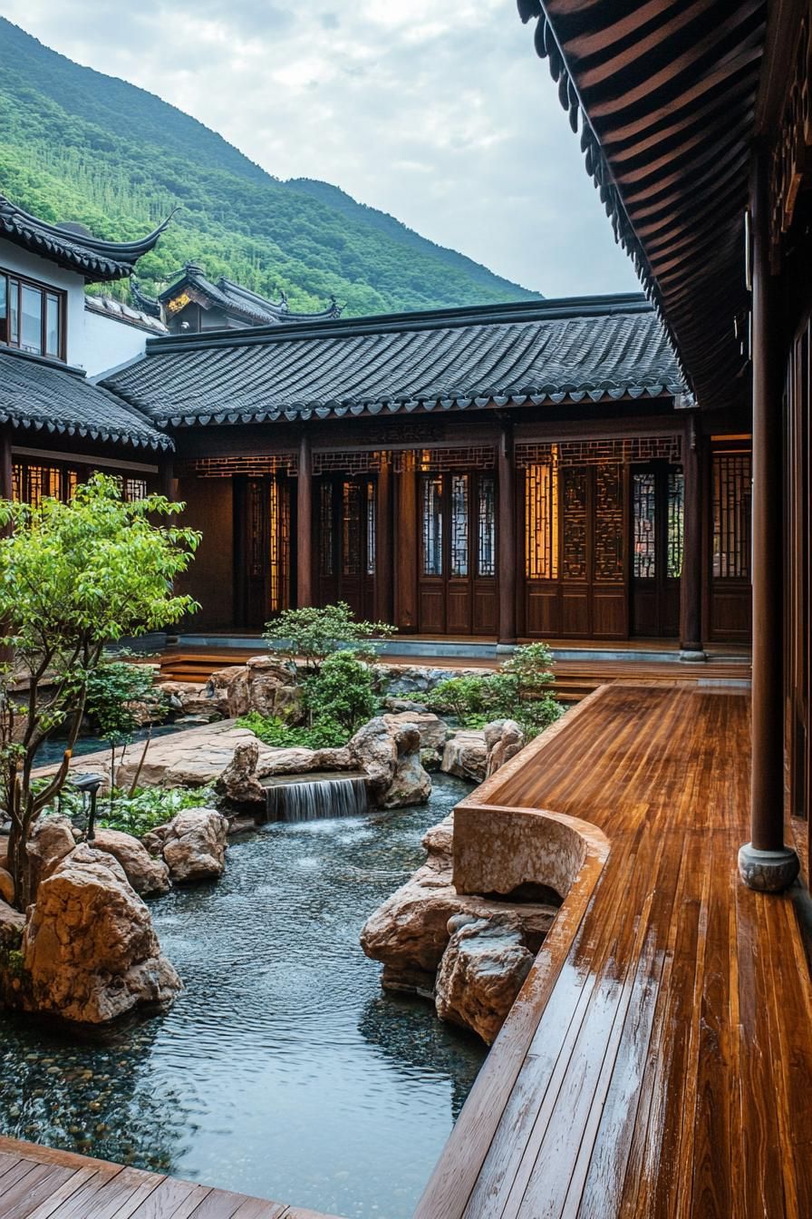 chinese inner courtyard with water stream feature wooden deck rocks chinese detailing green mountains visible over the roof from the courtyard 3