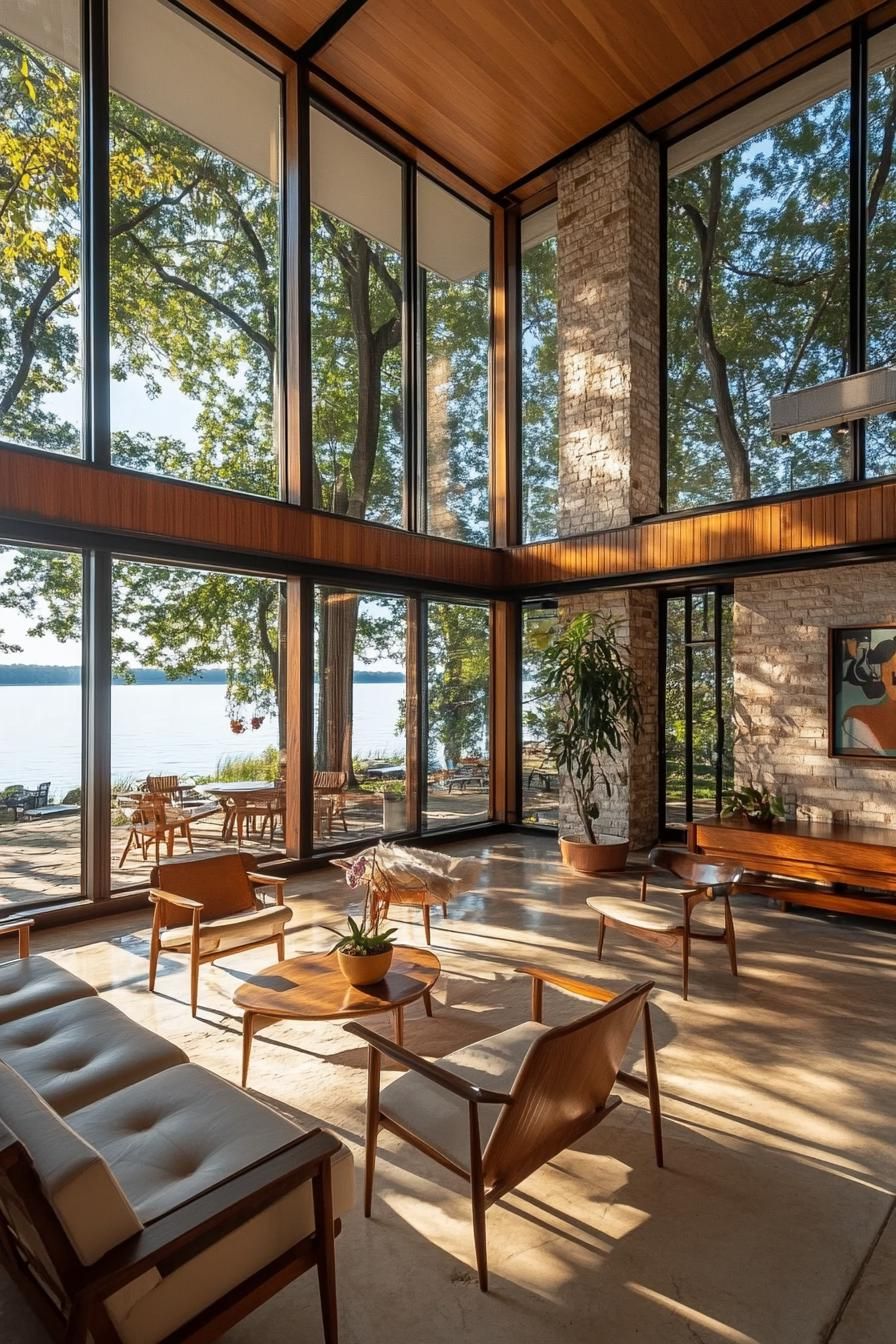 mid century modern house interior with teak furniture and large windows overlooking a stunning lakeside 3
