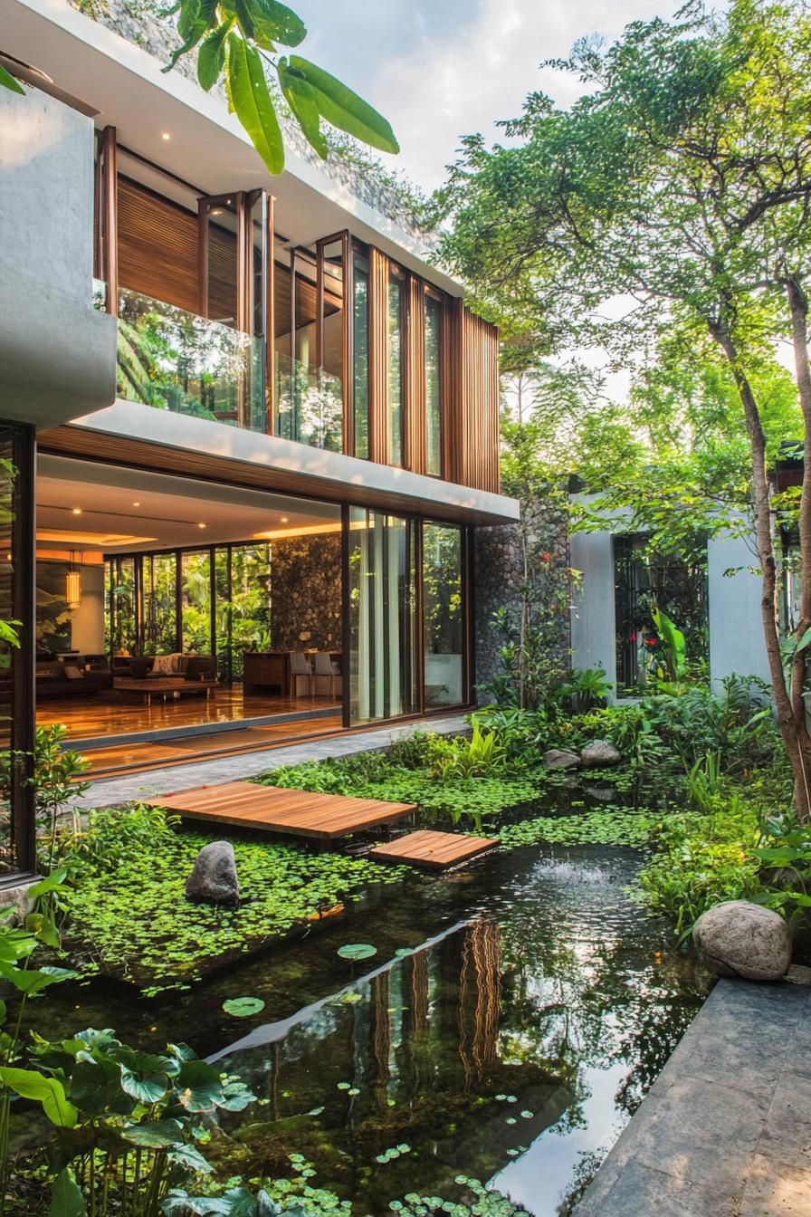 modern steal and wood facade dream house courtyard lush garden with a pond