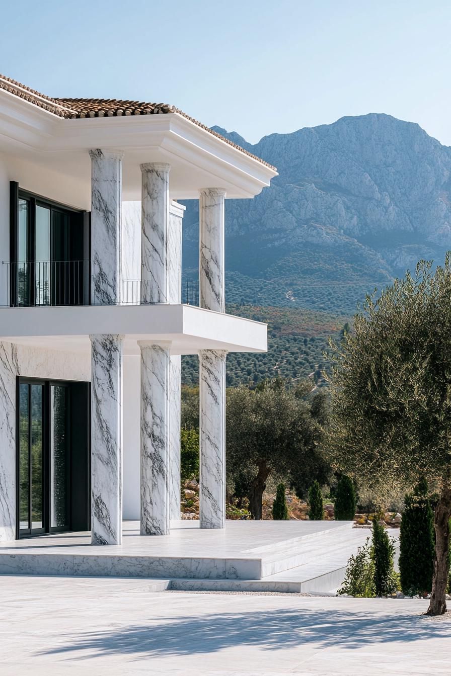 modern Greek mansion house facade with large marble columns mediterranean mountains in background olive tree in foreground 3