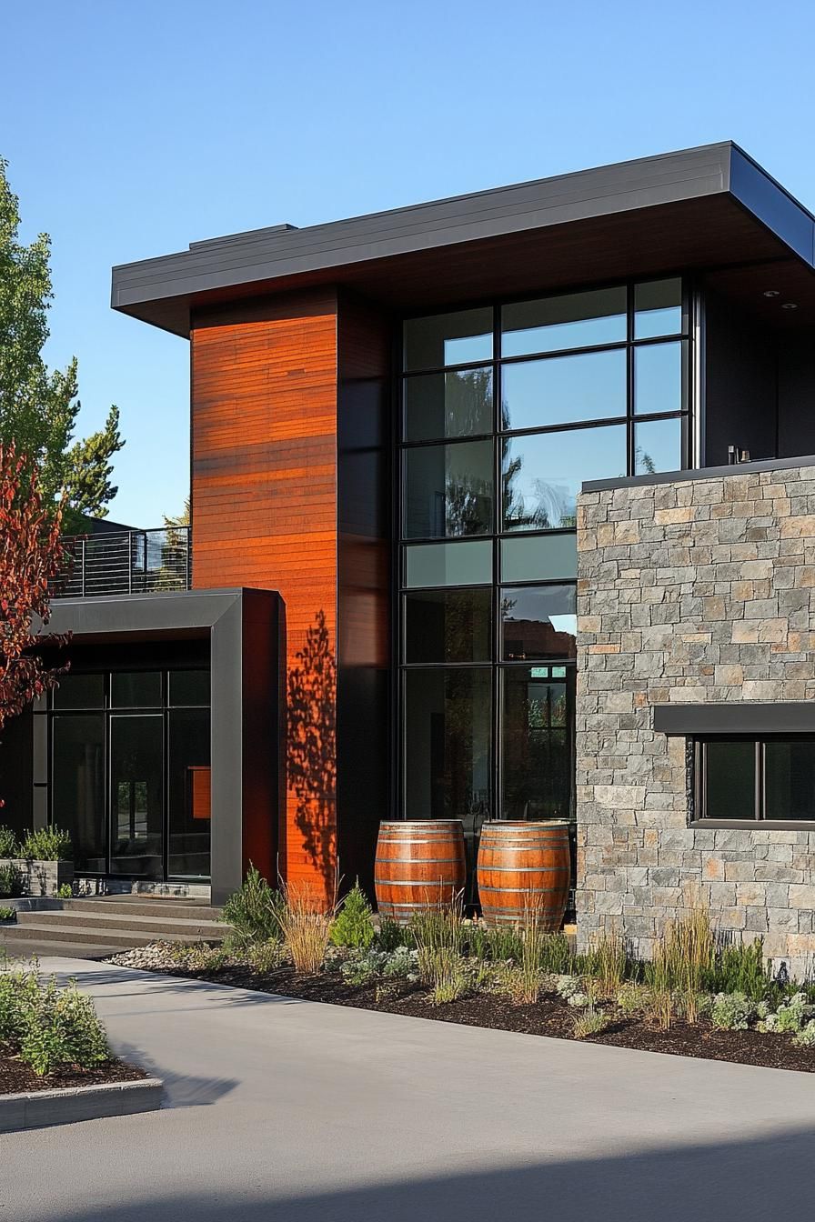 modern house facade with gutter drains going to barrels as part of exterior design 2