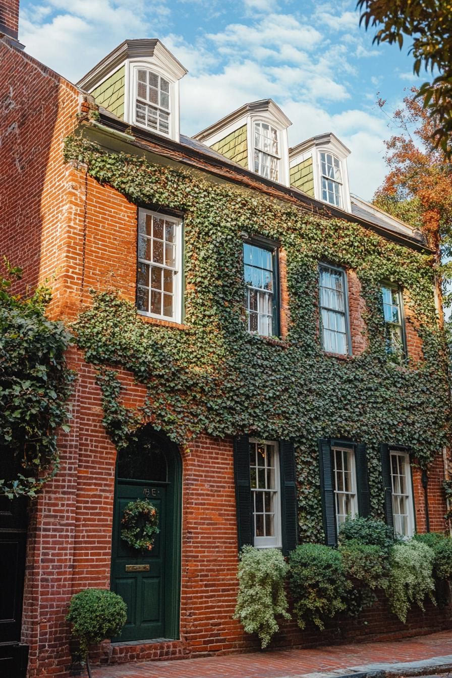 colonial red brick house restaurated facade with vine climbers