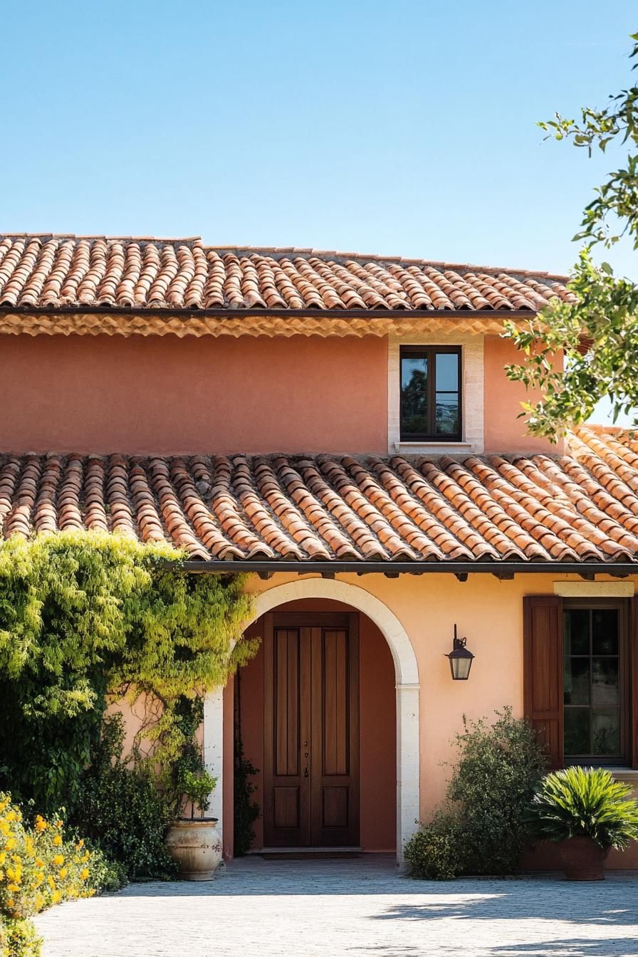 modern Italian mediterranean house facade with terracotta roof Italian farmland landscape