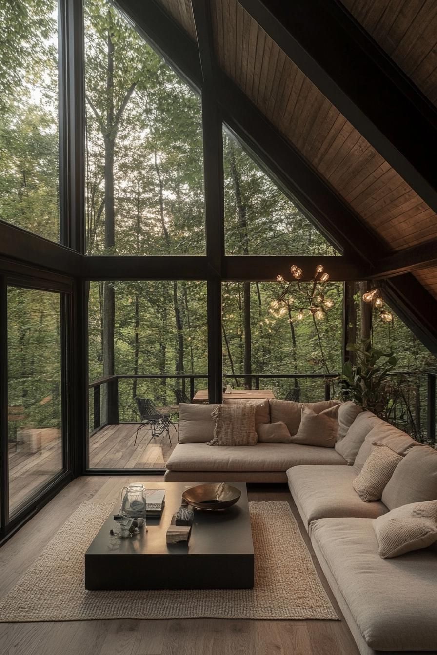 modern a frame forest cabin interior with glass walls and glass ceiling hardwood floor bulky sectional sofa floor cushions statement coffee table 2