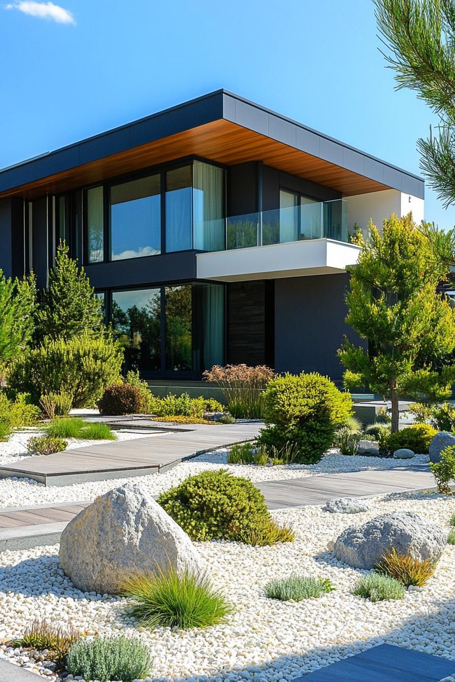 modern suburban mansion with zen garden