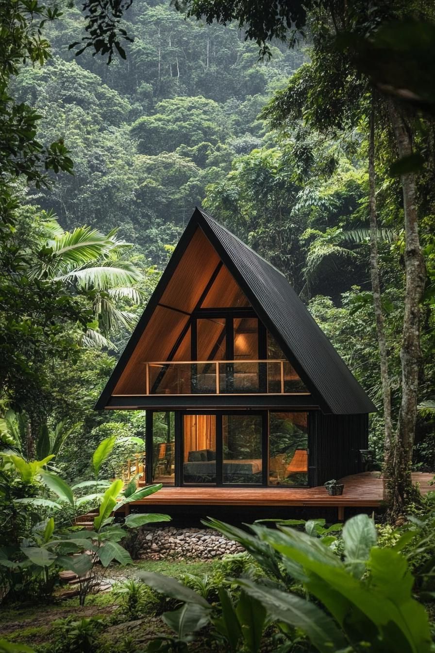 modern tiny log cabin with A frame facade in tropical mountain forest 3