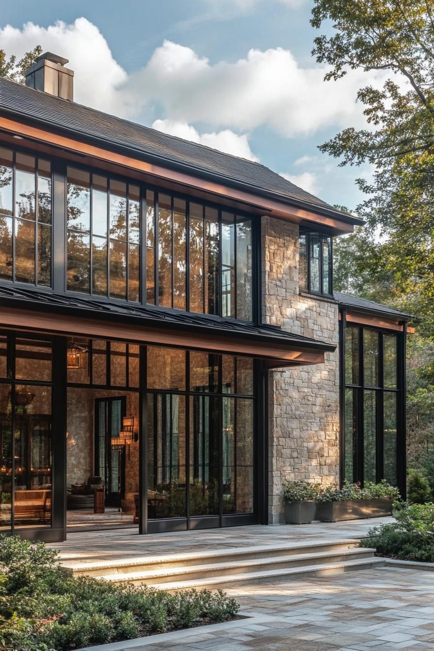 mid century modern and antique style house glass facade with wrought iron details 3